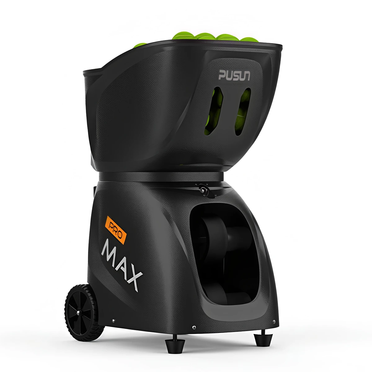 PT-PRO MAX tennis ball machine with its ball hopper on a white background